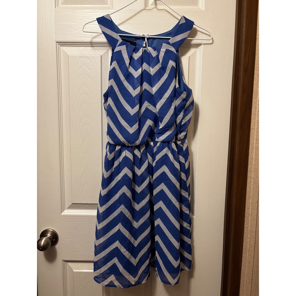 I.N. San Francisco Blue White Chevron Chiffon Halter Mini Dress Womens Medium